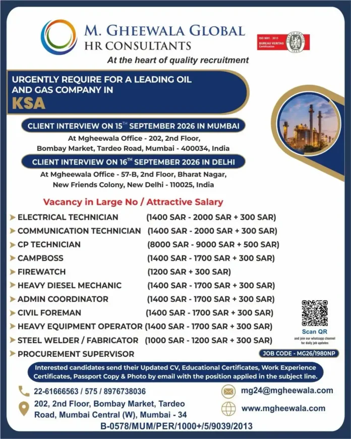 Oil and gas jobs in KSA interview in Mumbai and Delhi by M Gheewala Global HR Consultants