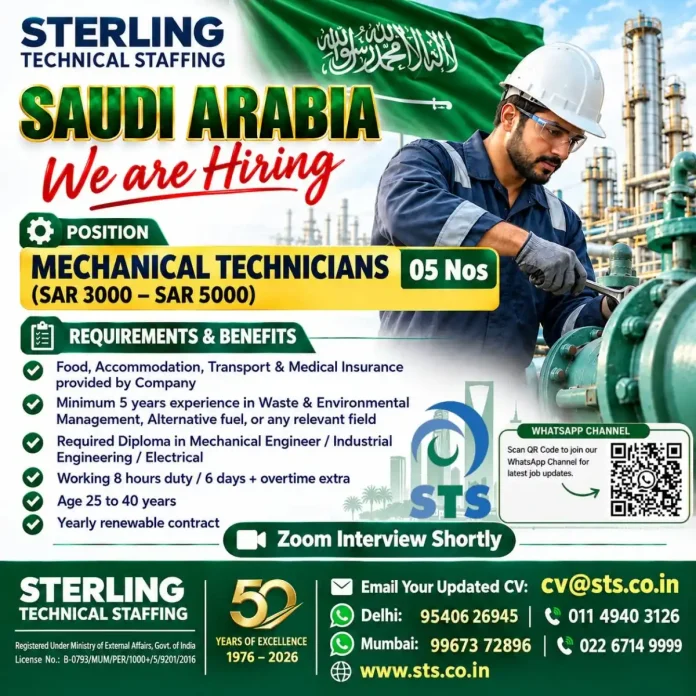 Mechanical Technician Jobs in Saudi Arabia – Sterling Technical Staffing Hiring 05 Nos