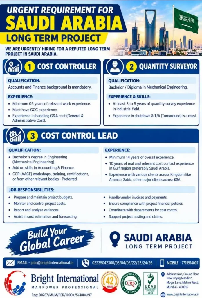 Cost Controller Quantity Surveyor Cost Control Lead Saudi Arabia Jobs