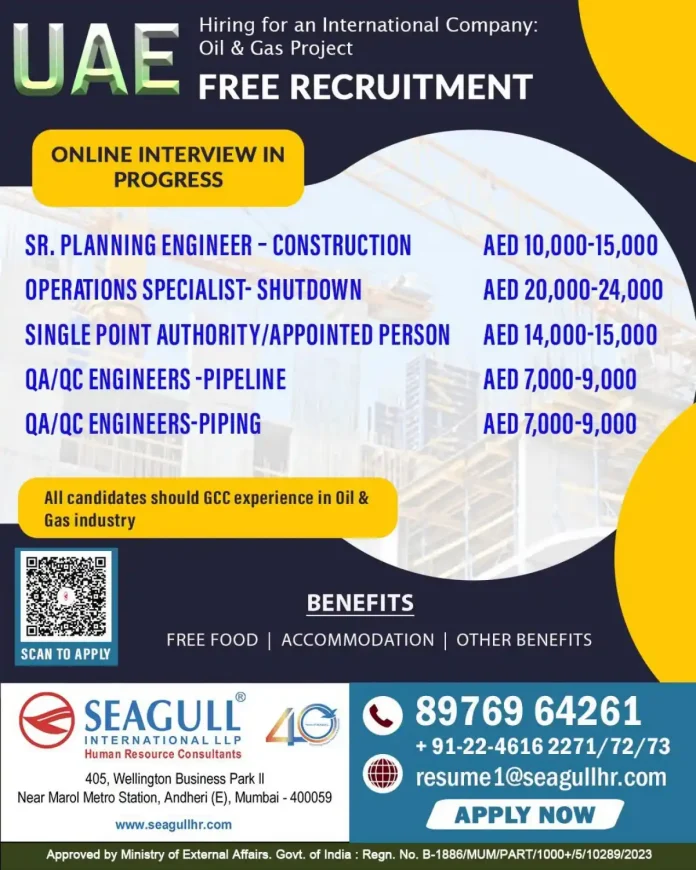 Oil and Gas jobs in UAE free recruitment by Seagull International LLP