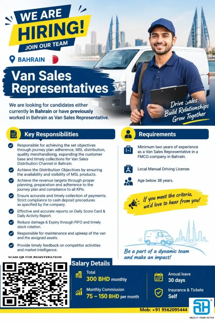 Van Sales Representative job in Bahrain hiring poster with salary 300 BHD and requirements