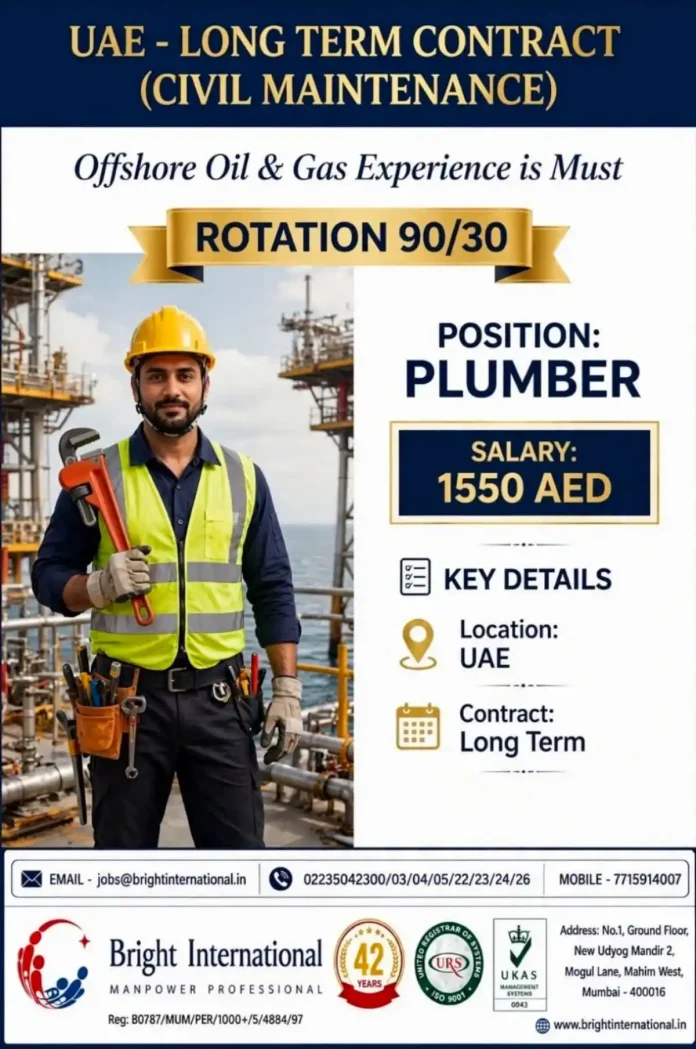 Plumber Jobs in UAE Offshore Oil and Gas Long Term Contract