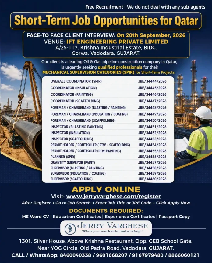 Qatar oil and gas short-term jobs face-to-face interview in Vadodara