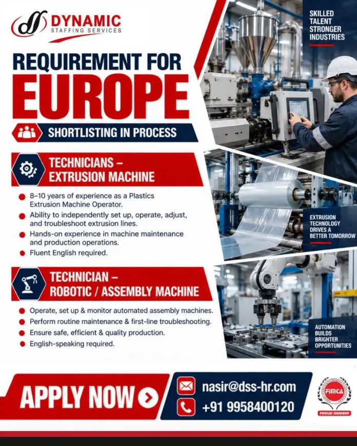 D Dynamic Staffing Services hiring extrusion and robotic assembly machine technicians for Europe