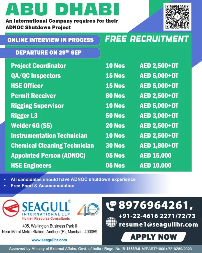 ADNOC Shutdown Project jobs in Abu Dhabi with free food and accommodation