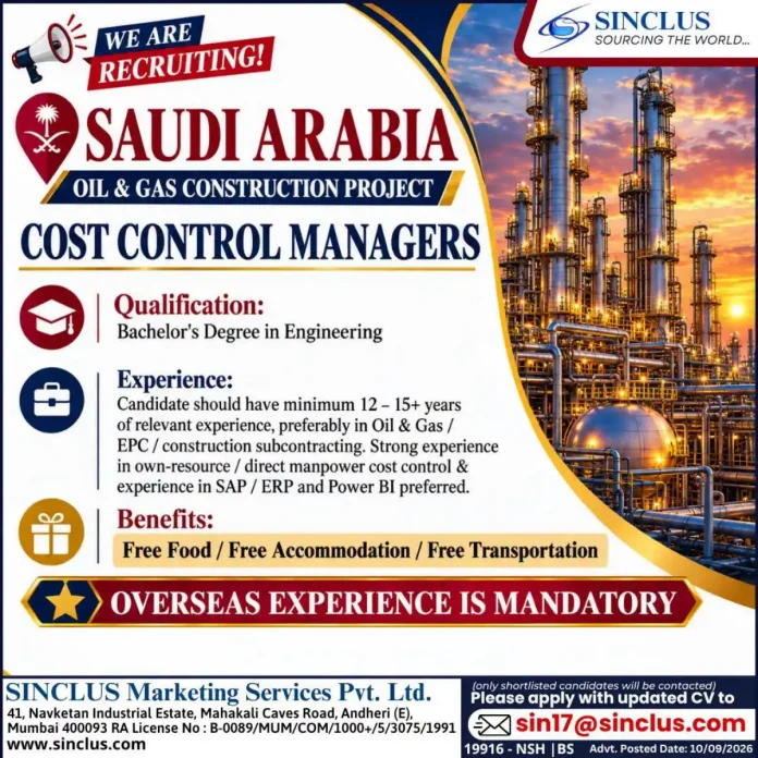 Cost Control Manager jobs in Saudi Arabia Oil & Gas construction project - Sinclus