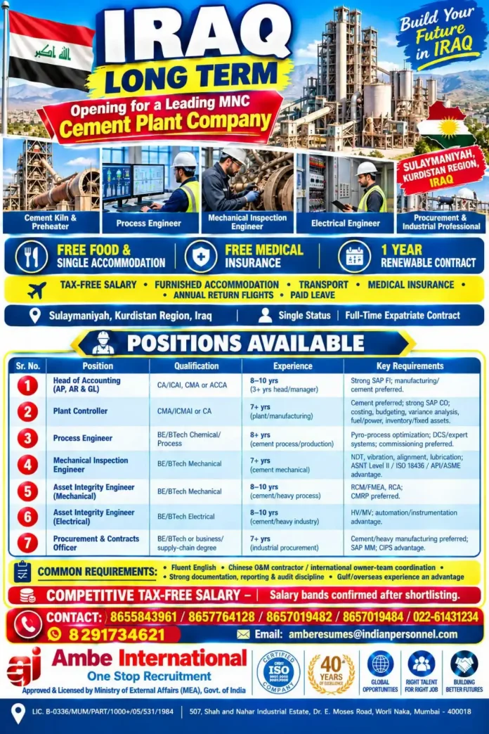 Cement plant jobs in Iraq Sulaymaniyah Kurdistan recruitment
