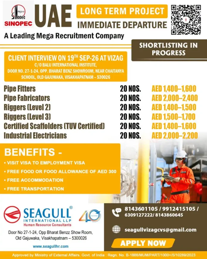 ARC LOPEC SINOPEC UAE recruitment for Pipe Fitters, Pipe Fabricators, Riggers, Certified Scaffolders and Industrial Electricians