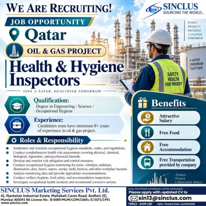 Health & Hygiene Inspector jobs in Qatar oil and gas project