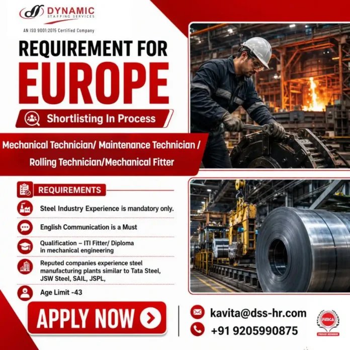 Mechanical Technician Jobs in Europe - Dynamic Staffing Services hiring steel industry professionals