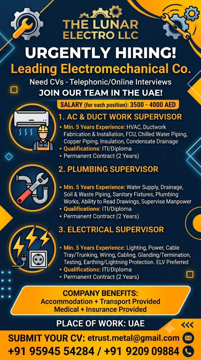 Supervisor jobs in UAE - AC & Duct Work, Plumbing, Electrical