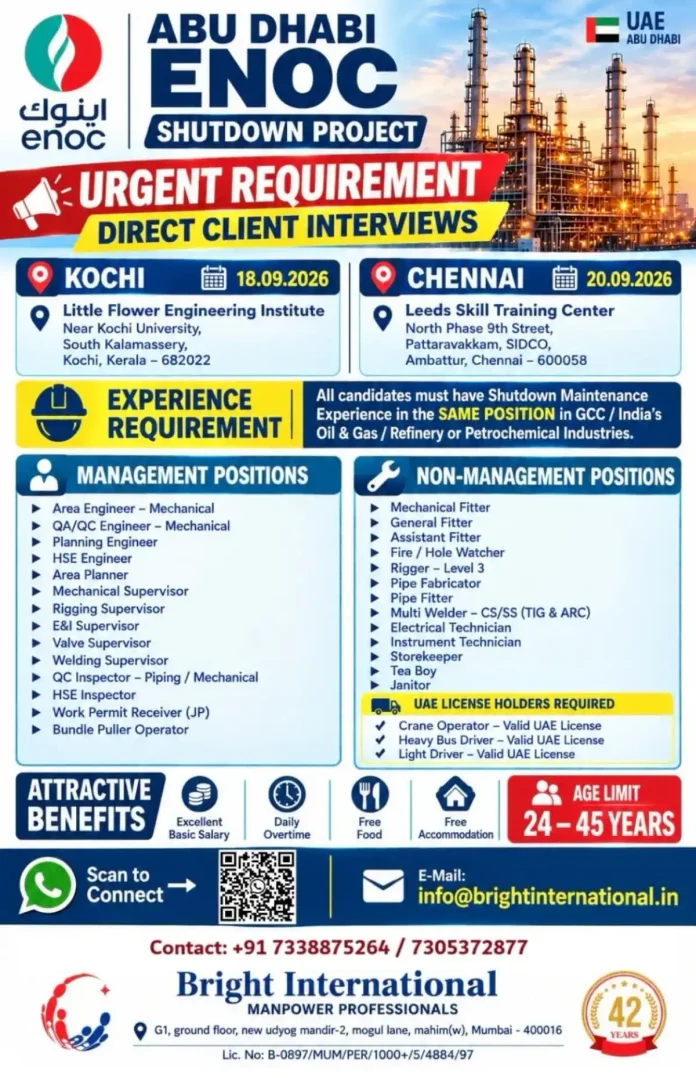 ENOC Shutdown Project Jobs Abu Dhabi Interview in Kochi and Chennai
