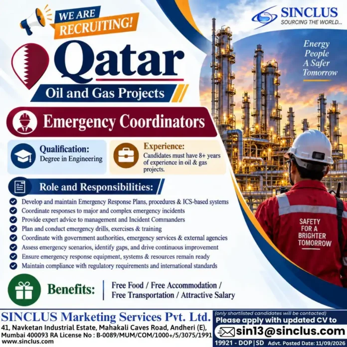 Emergency Coordinator job vacancy in Qatar oil and gas projects by SINCLUS