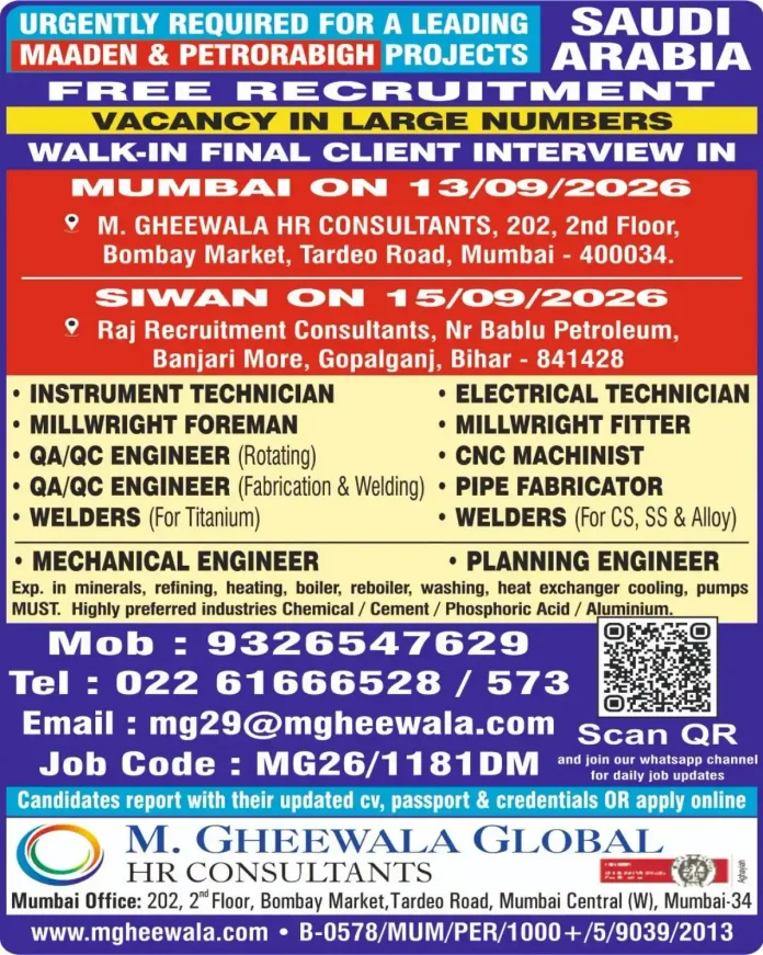 Saudi Maaden and Petrorabigh projects job vacancy walk-in interview Mumbai Siwan 2026