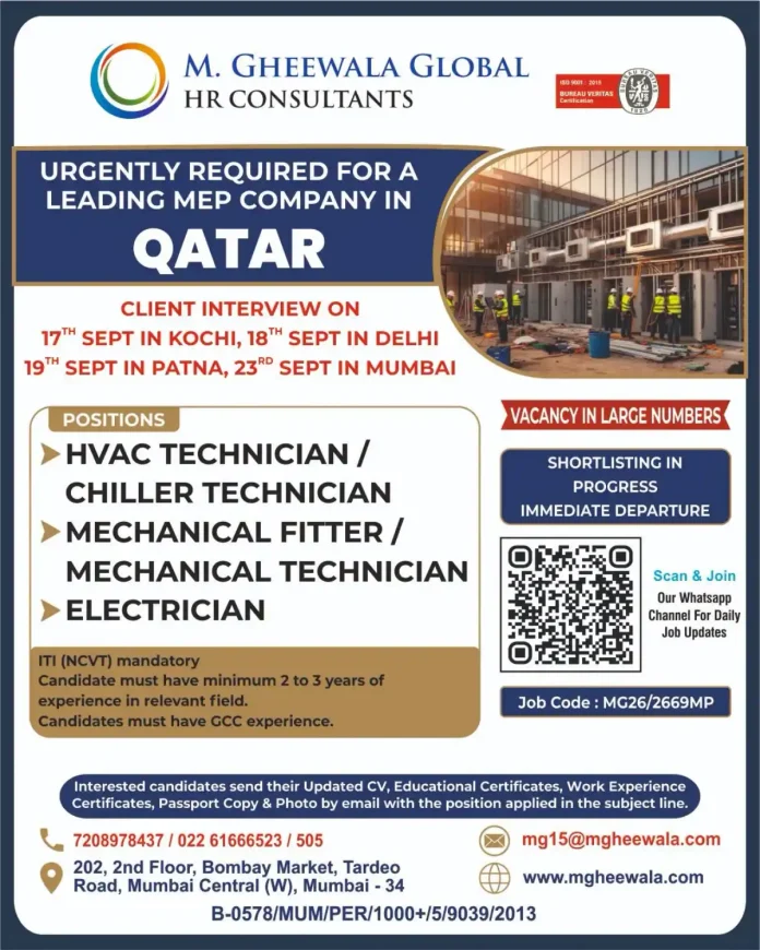 HVAC Chiller Technician Mechanical Electrician Jobs in Qatar