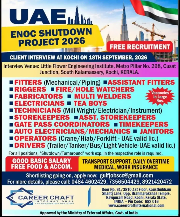 ENOC Shutdown Project 2026 UAE job vacancies for fitters, welders, electricians, riggers and drivers at Kochi interview
