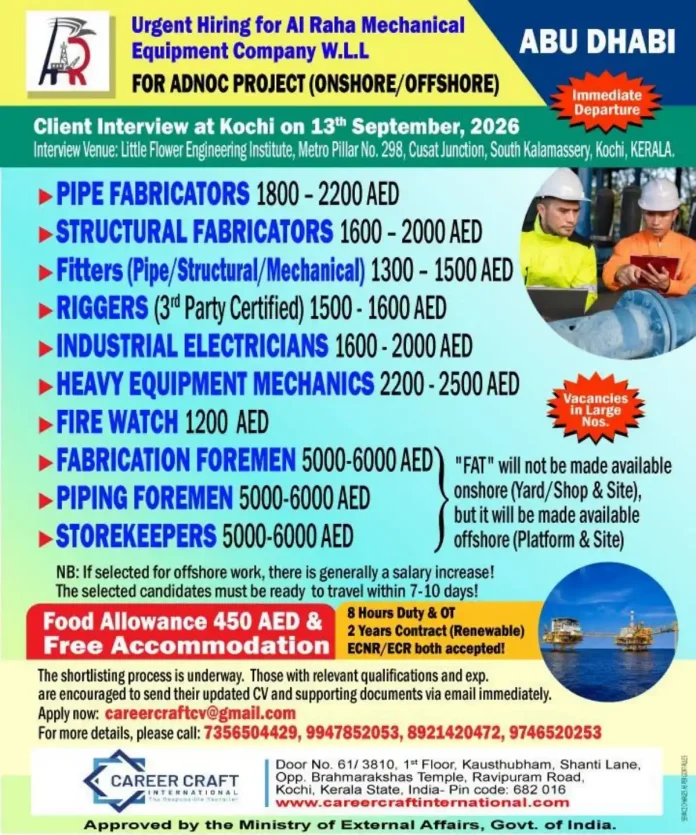Al Raha Mechanical Equipment Company ADNOC project hiring at Kochi