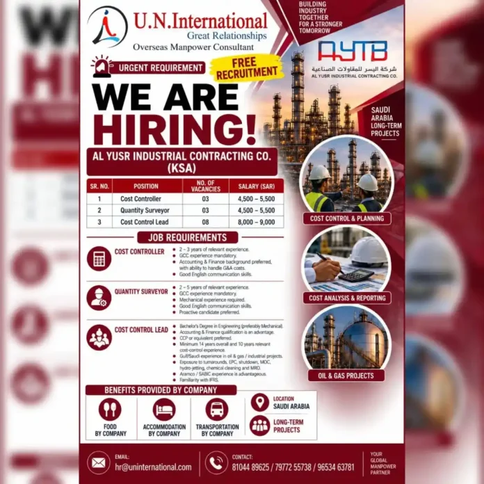 AL YUSR Industrial Contracting Co. KSA hiring Cost Controller Quantity Surveyor Cost Control Lead