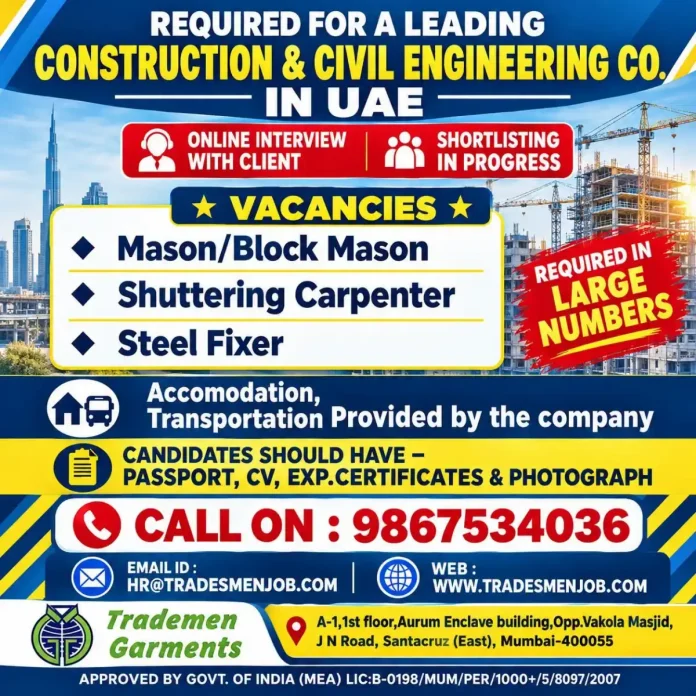 UAE construction jobs for Mason, Shuttering Carpenter and Steel Fixer