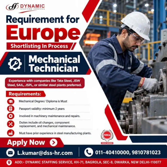 Mechanical Technician Job in Europe - Dynamic Staffing Services