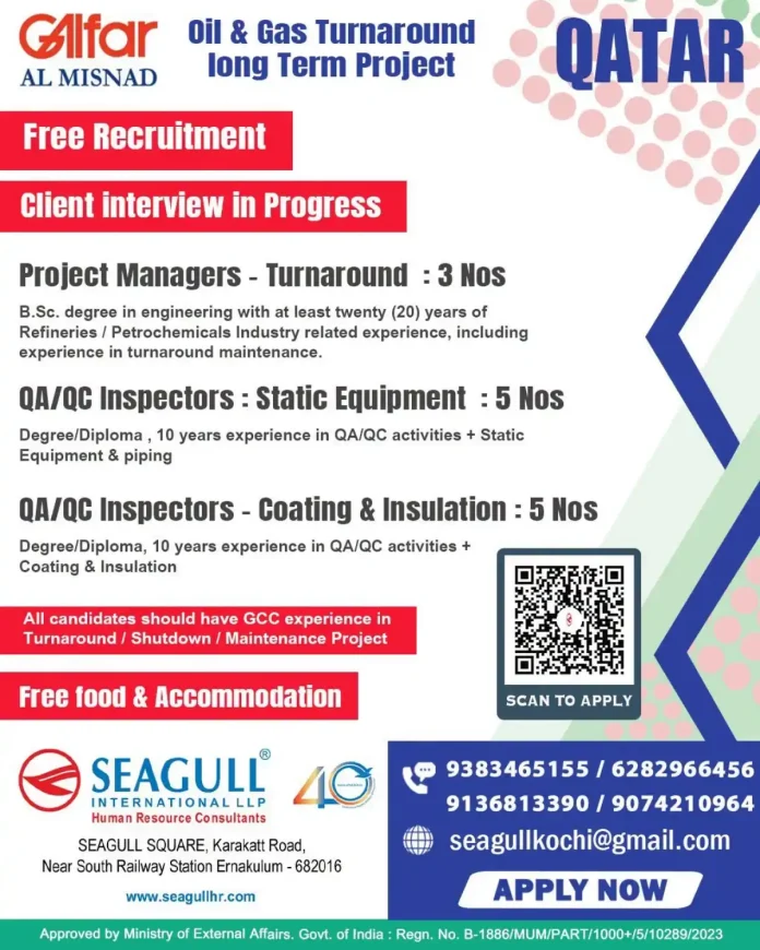 Glfar Oil & Gas Turnaround jobs in Qatar – Al Misnad long term project recruitment