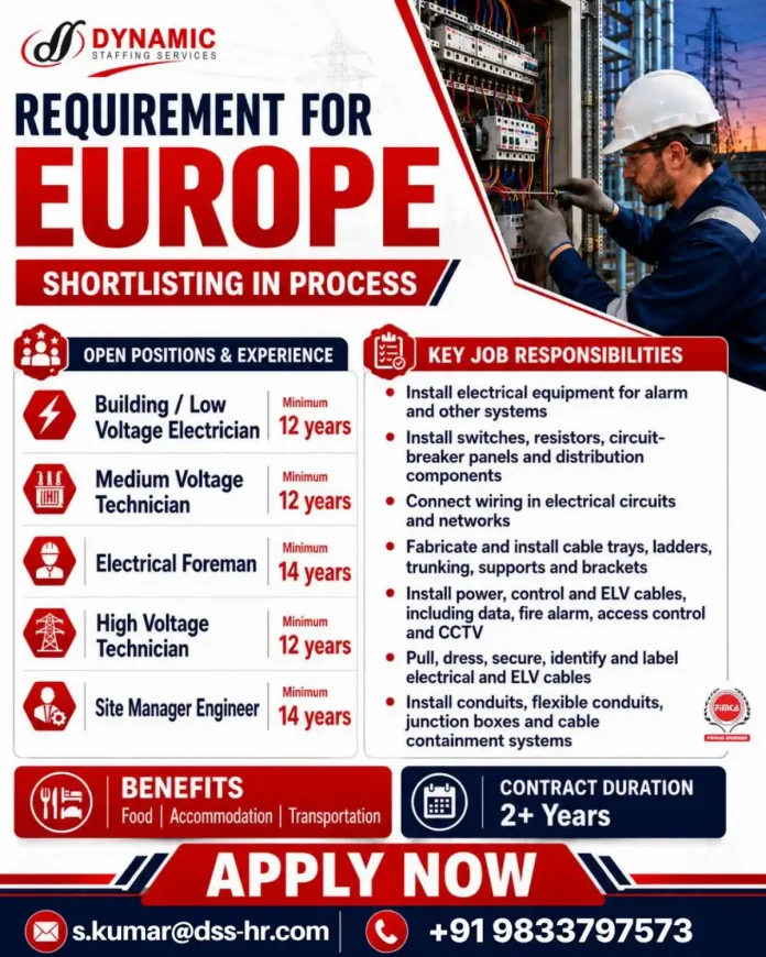 Europe electrical jobs hiring electricians technicians and site manager