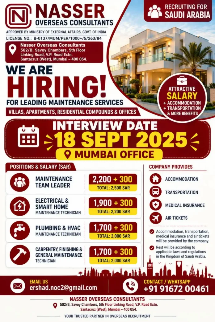 Maintenance jobs in Saudi Arabia by Nasser Overseas Consultants walk-in interview 18 Sept 2025 Mumbai