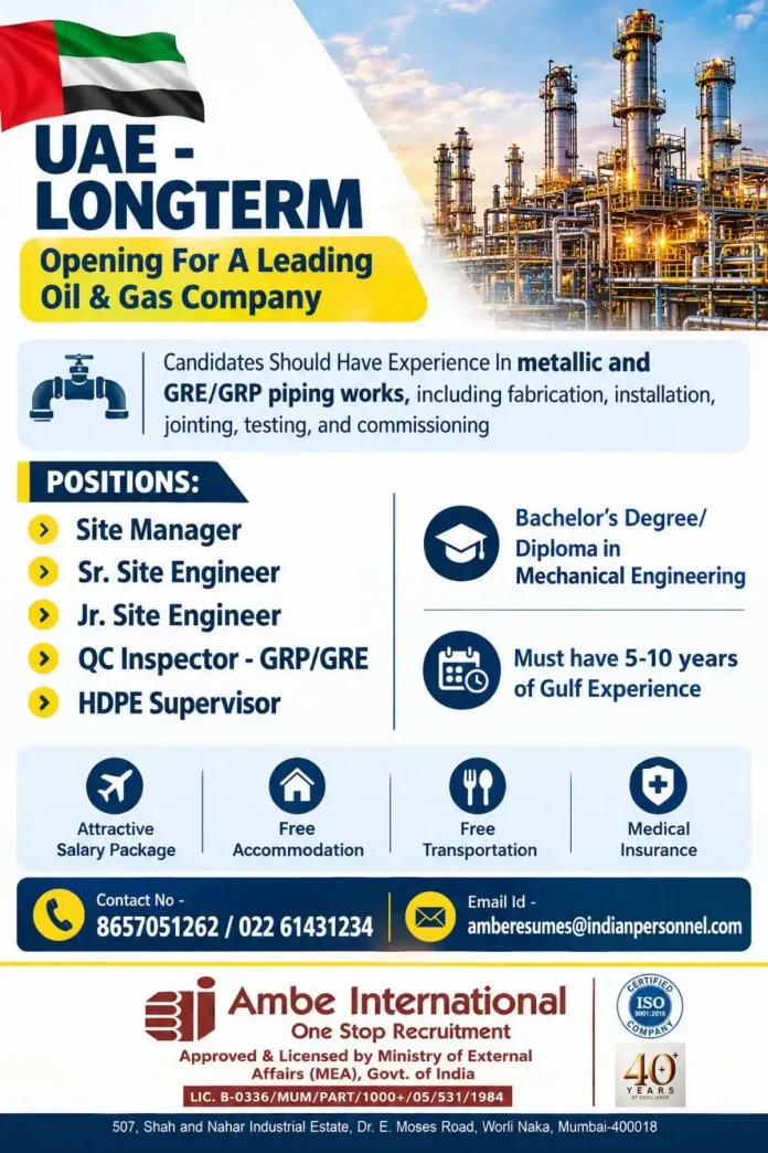 UAE Oil and Gas Piping Jobs for GRP GRE HDPE Engineers and Supervisors