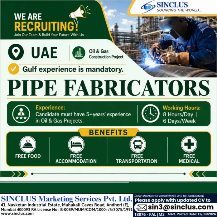 Pipe Fabricator jobs in UAE with free food, accommodation, transportation and medical