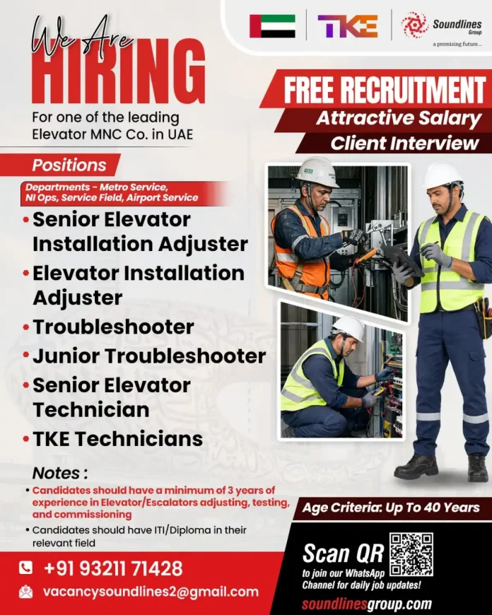 Elevator MNC jobs in UAE free recruitment for TKE technicians and adjusters