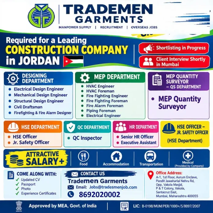 Trademen Garments construction jobs in Jordan client interview Mumbai