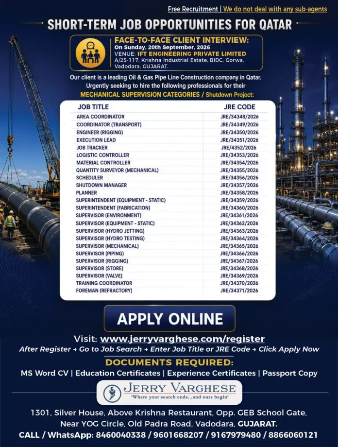 Qatar Oil and Gas Shutdown Project Jobs 2026 – Face-to-Face Interview in Vadodara