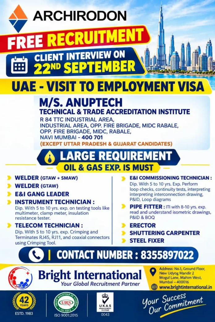 Archirodon UAE free recruitment for Oil & Gas welders, E&I technicians, pipe fitters, carpenters and steel fixers