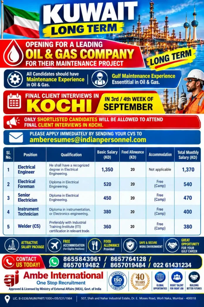 Oil and Gas maintenance jobs in Kuwait for electrical and instrumentation roles