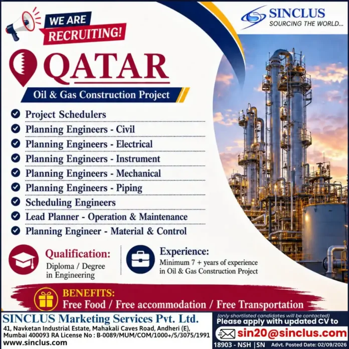 Qatar Oil & Gas Construction Project recruitment by Sinclus - Planning Engineers, Project Schedulers and Scheduling Engineers jobs