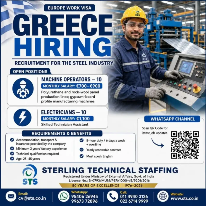 Greece steel industry jobs for Machine Operators and Electricians with Europe work visa