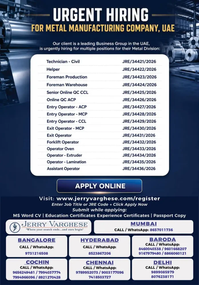 UAE Metal Manufacturing Company job vacancies – Technician, QC and Operator positions