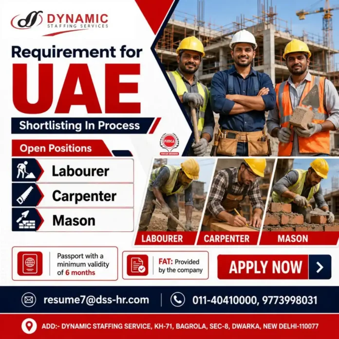 UAE jobs for Labourer, Carpenter and Mason with Dynamic Staffing Services