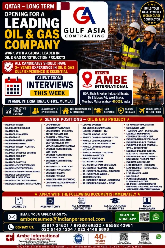 Qatar Oil & Gas long-term construction jobs with Gulf Asia Contracting recruitment by Ambe International Mumbai