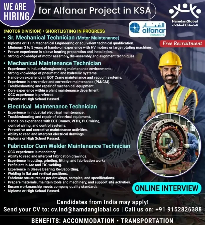Alfanar Project KSA Maintenance Technician Jobs by Hamdan Global