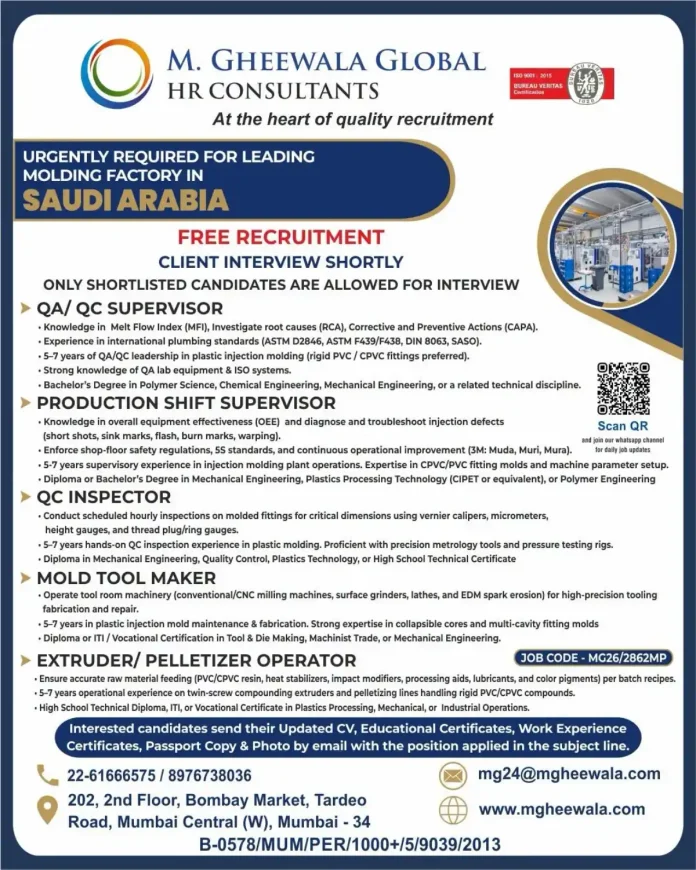 Molding Factory Jobs in Saudi Arabia QA/QC Supervisor Production Shift Supervisor QC Inspector Mold Tool Maker Extruder Operator