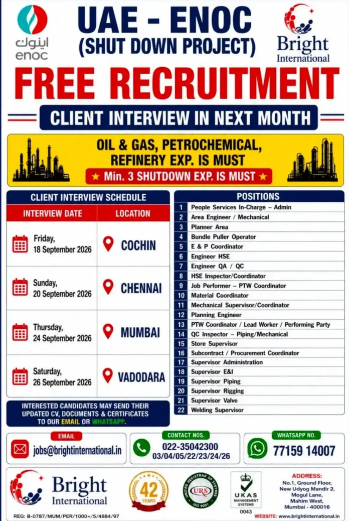 ENOC Shutdown Project jobs with Bright International free recruitment