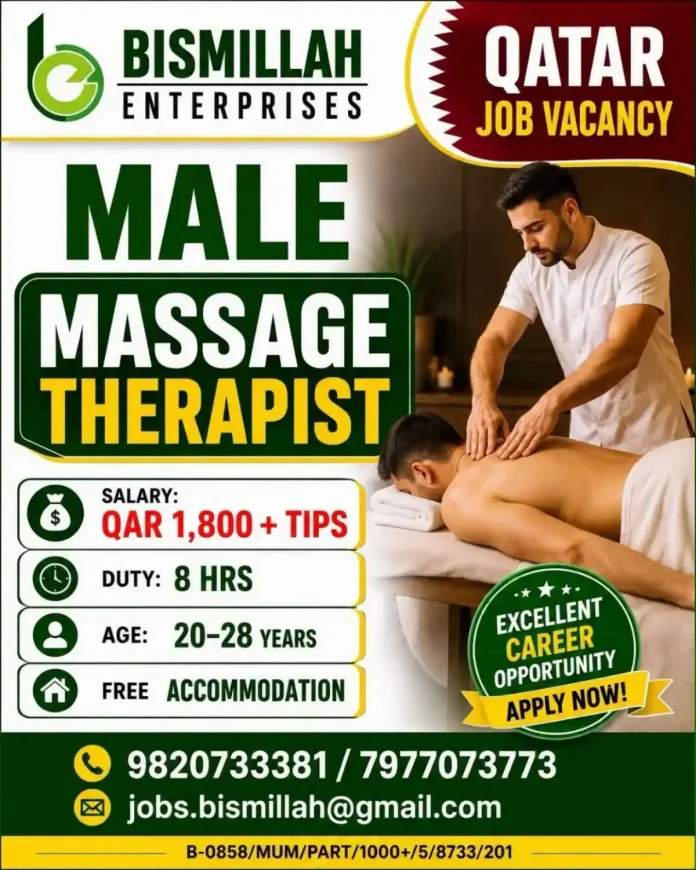 Male Massage Therapist job vacancy in Qatar by Bismillah Enterprises
