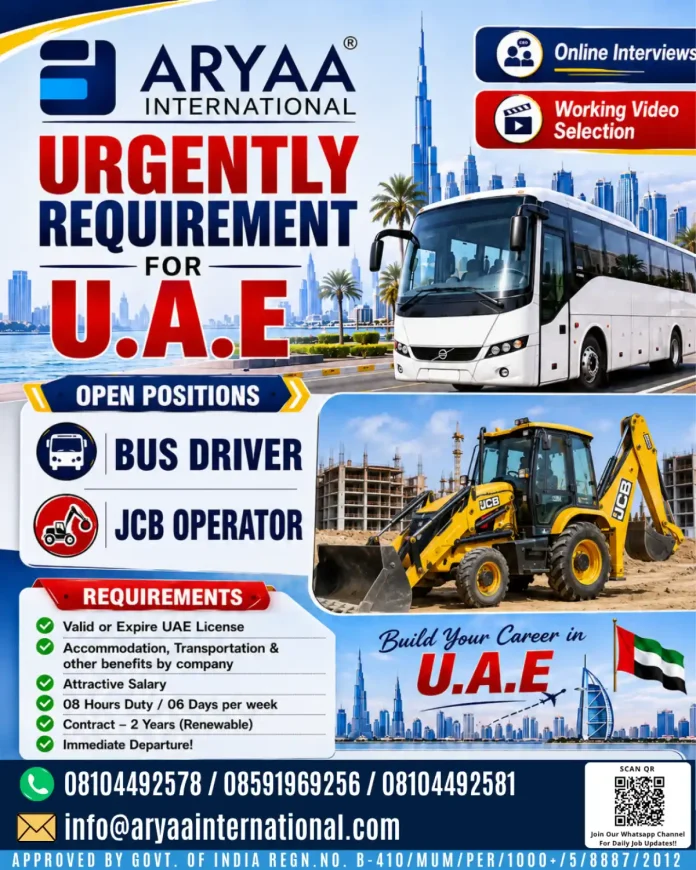 Aryaa International UAE recruitment for Bus Driver and JCB Operator jobs