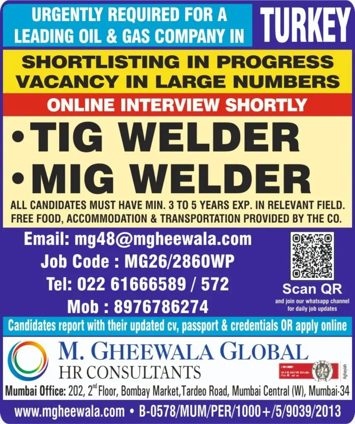 TIG Welder and MIG Welder job vacancy for leading oil and gas company in Turkey