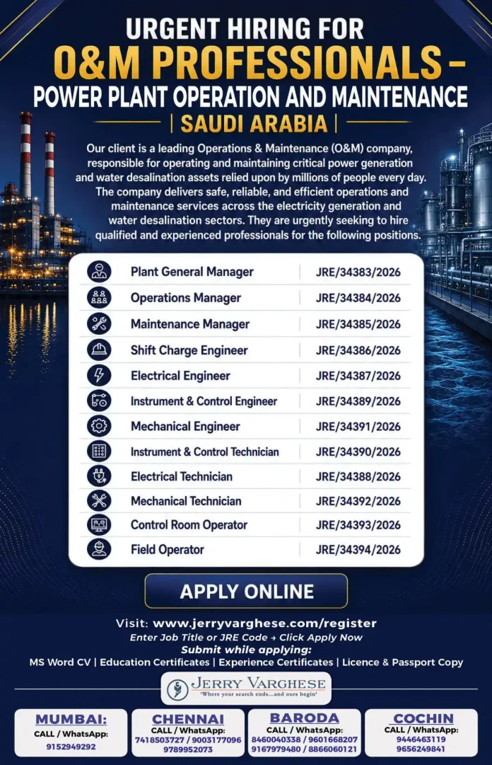 Power Plant Operation and Maintenance Jobs in Saudi Arabia