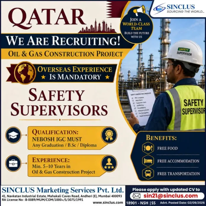 Safety Supervisor Jobs in Qatar - Oil and Gas Construction Project recruitment by SINCLUS Marketing Services