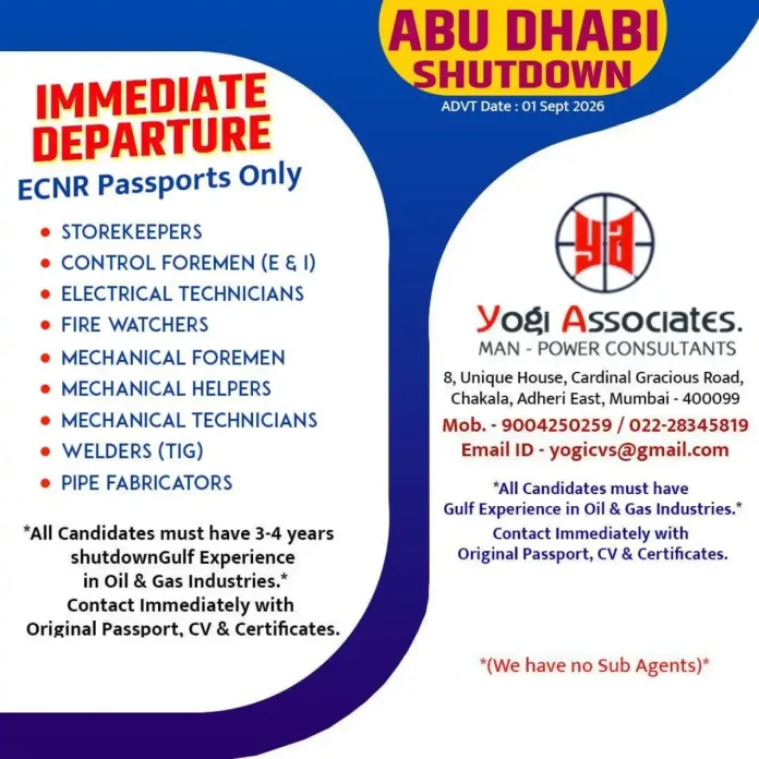 Abu Dhabi Shutdown Jobs 2026 – Yogi Associates recruiting Oil & Gas staff