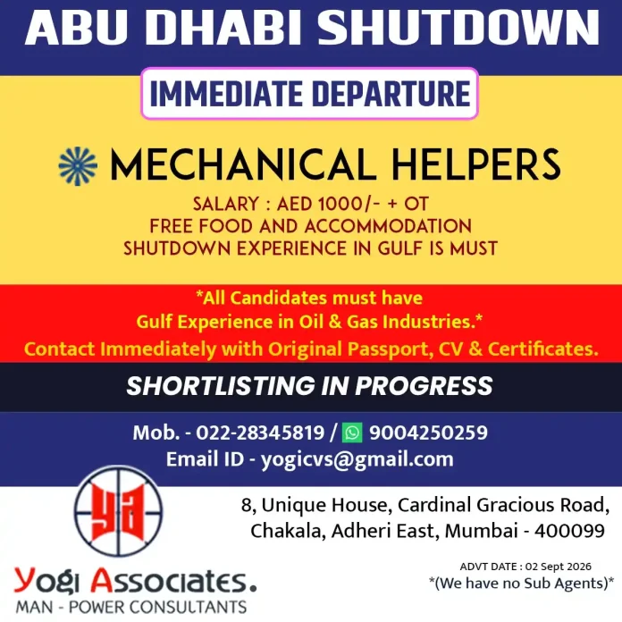 Mechanical Helper Abu Dhabi Shutdown jobs by Yogi Associates