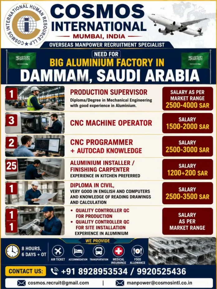 Big Aluminium Factory Jobs in Dammam Saudi Arabia - Cosmos International Recruitment